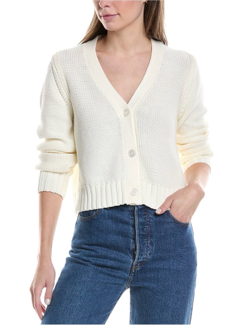 Michael Stars Fran Ivory Cropped V-Neck Button Front Knit Cardigan Sweater